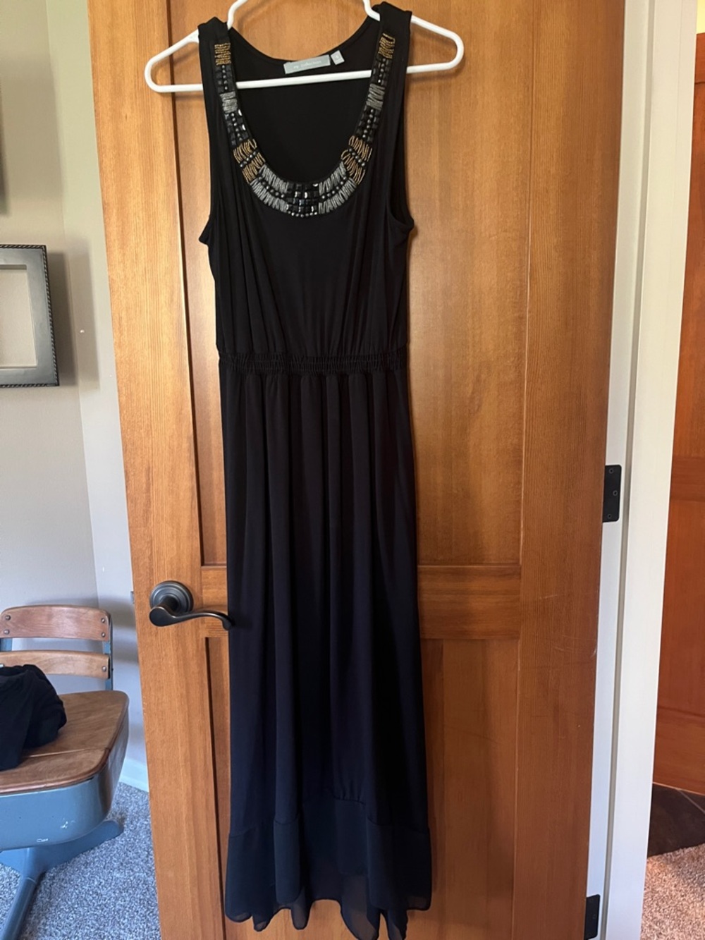 Sleeveless Black Maxi Dress with Beaded Neckline